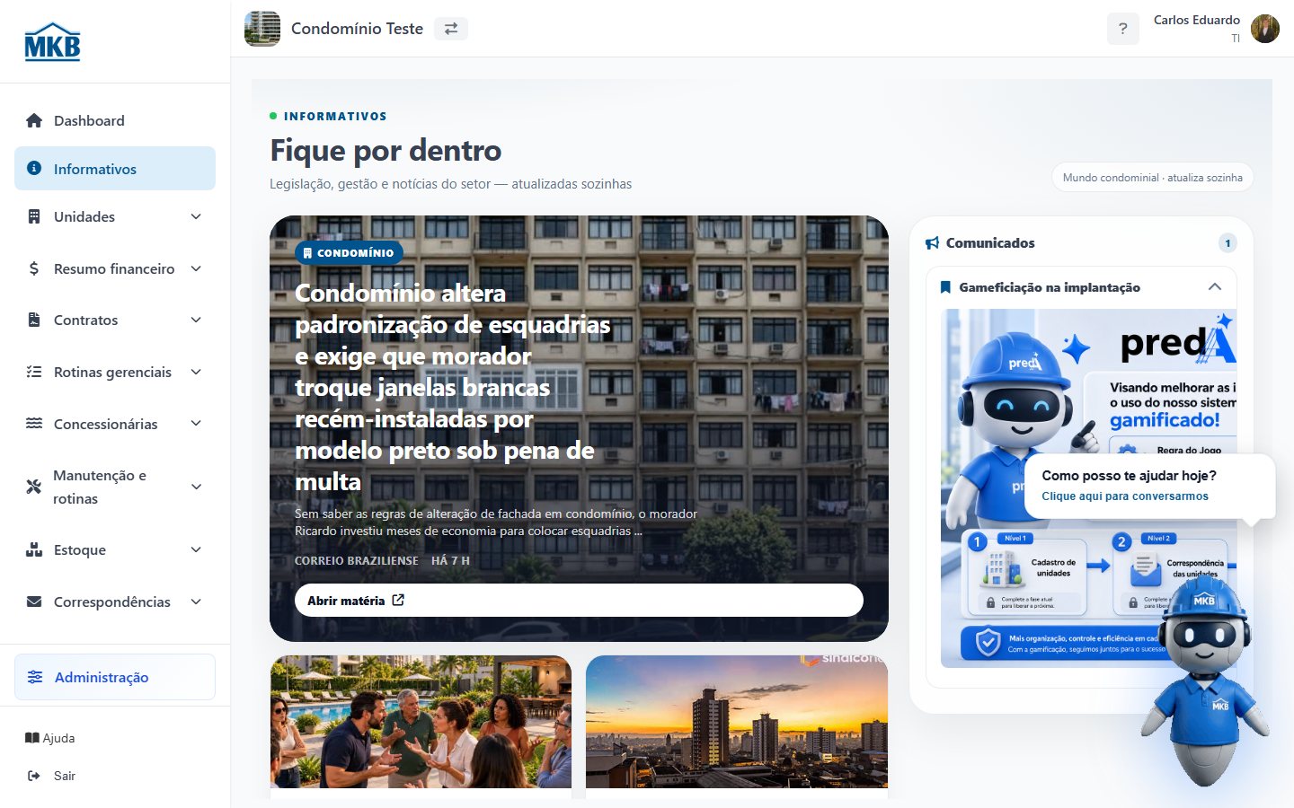 Painel PredIA após o login: menu lateral, site selecionado, Administração e mascote da Prédi.