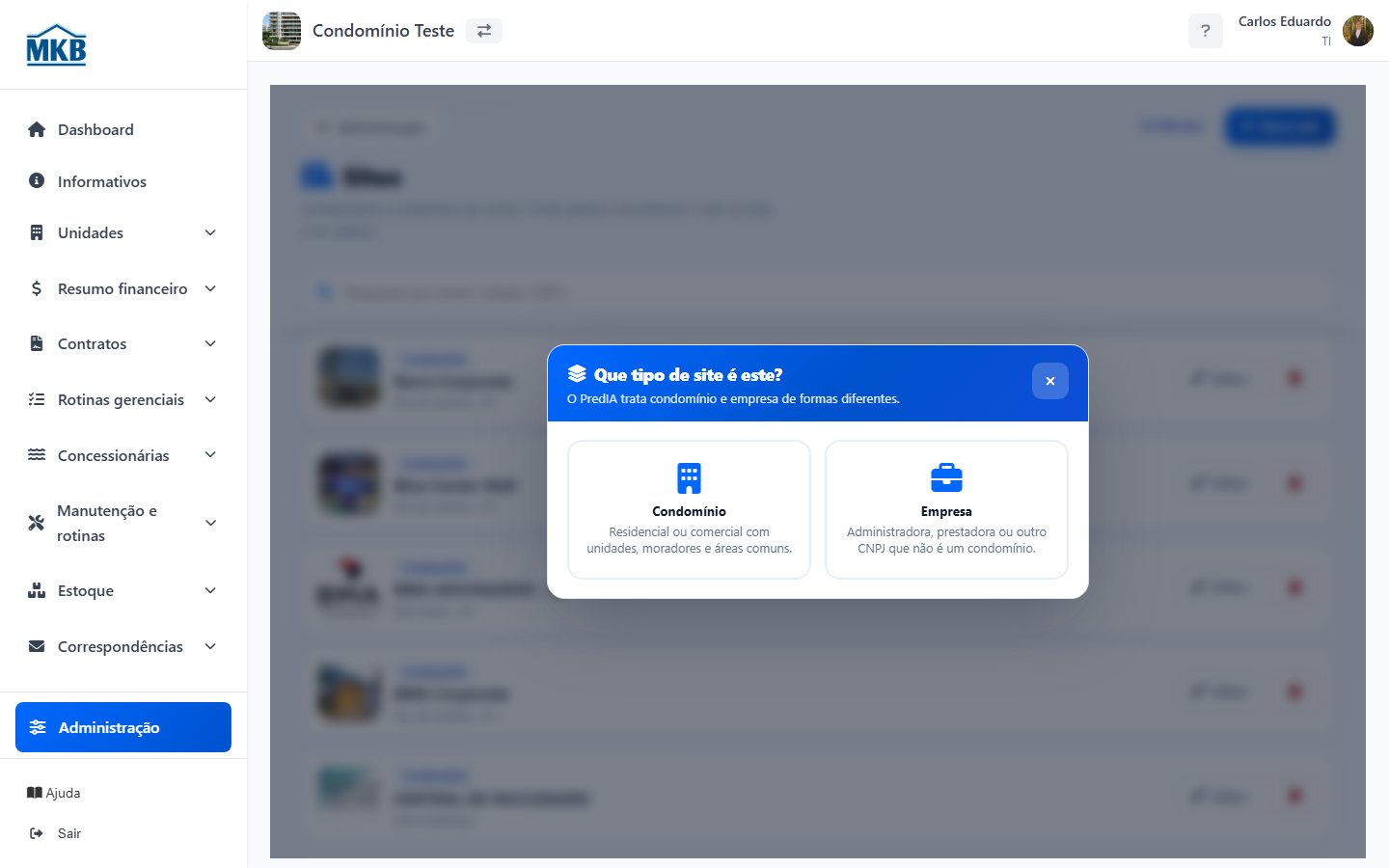 Modal perguntando se o novo site é condomínio ou empresa.