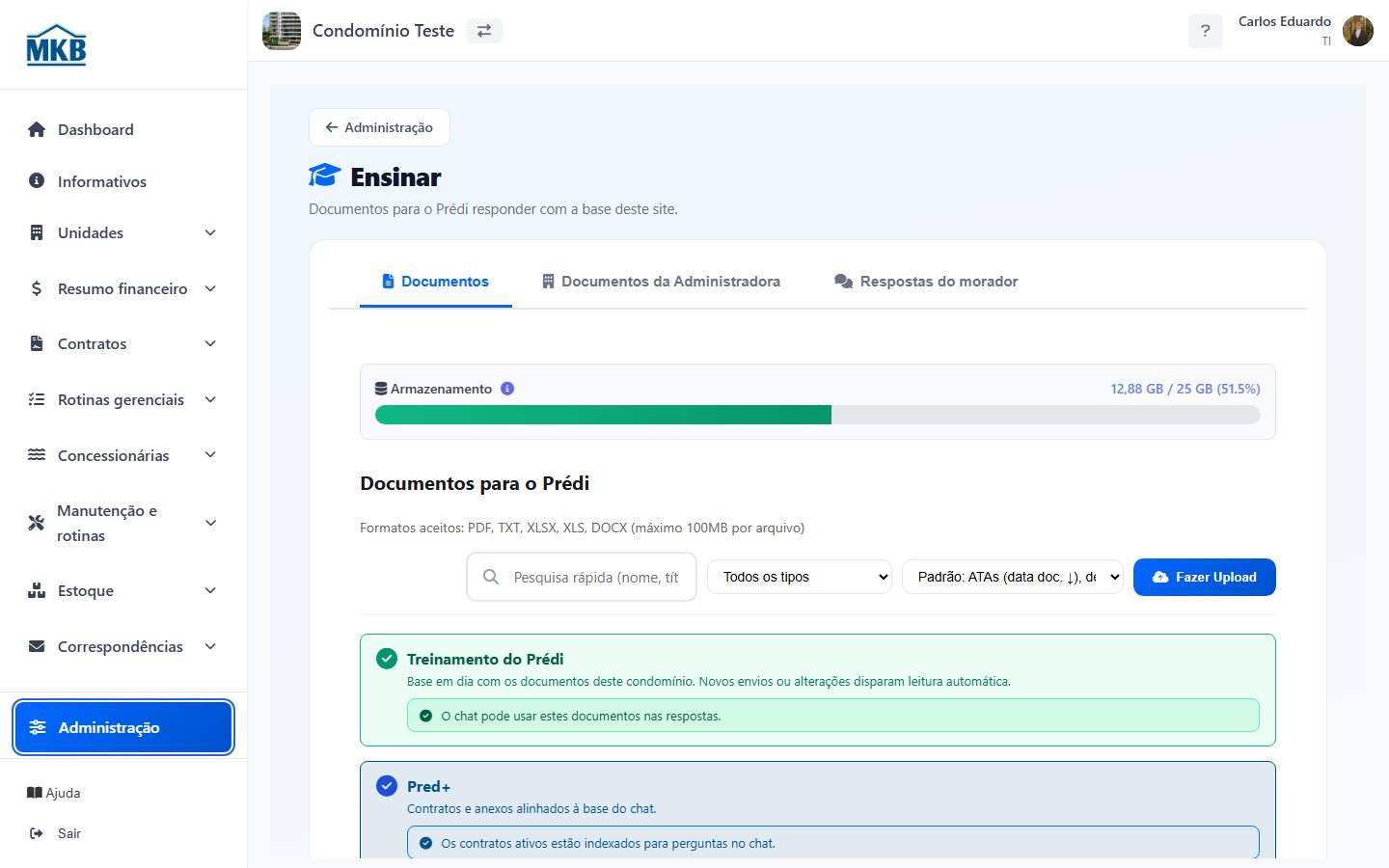 Tela Ensinar com documentos do site, barra de armazenamento e upload.