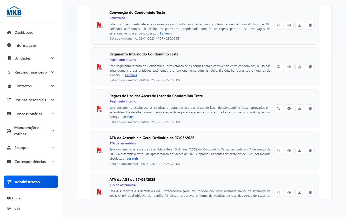 Lista de documentos do Ensinar com ícone de olho para ocultar aos moradores.