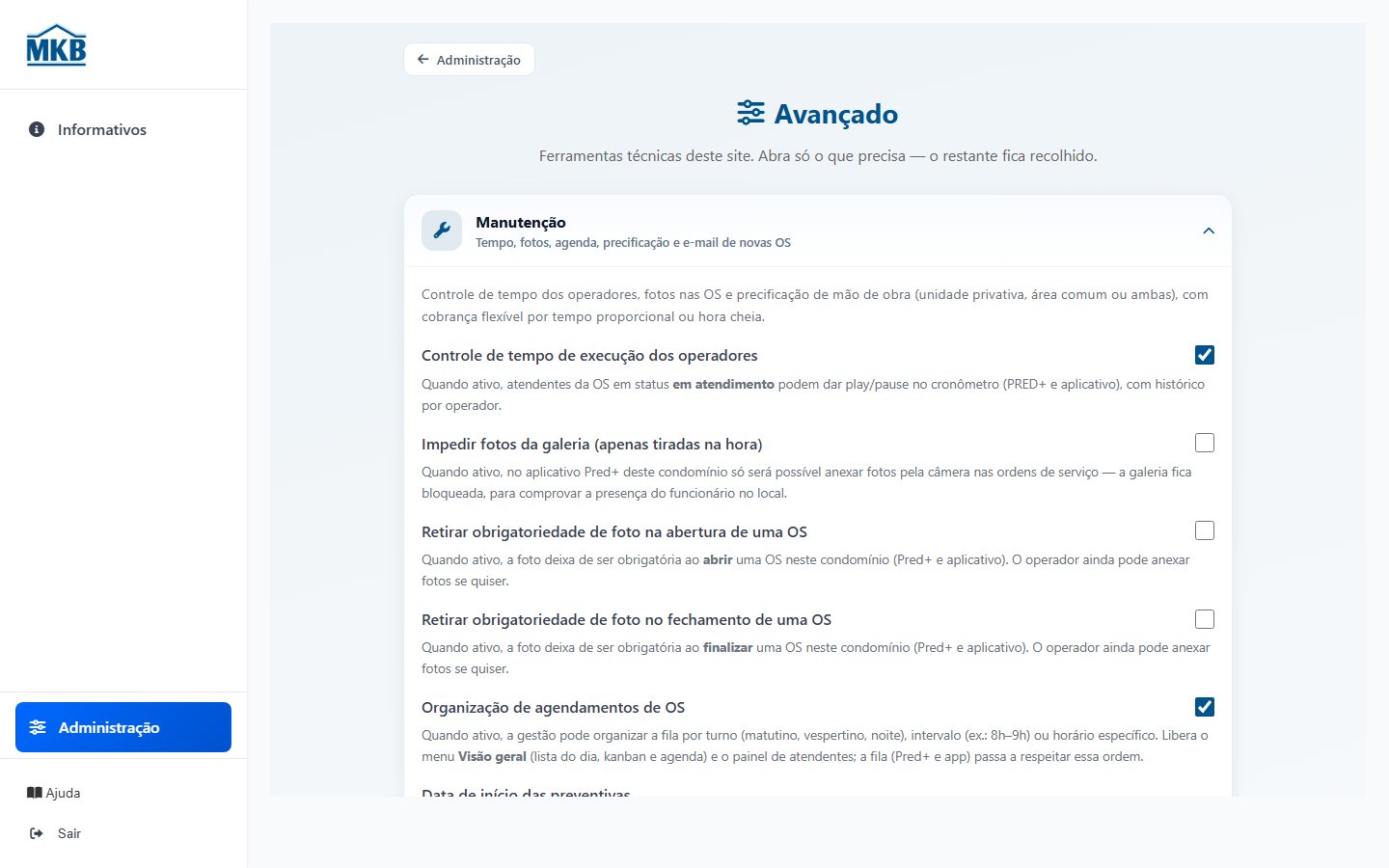 Sanfona Manutenção com tempo de OS, fotos, agenda, KPI e precificação.