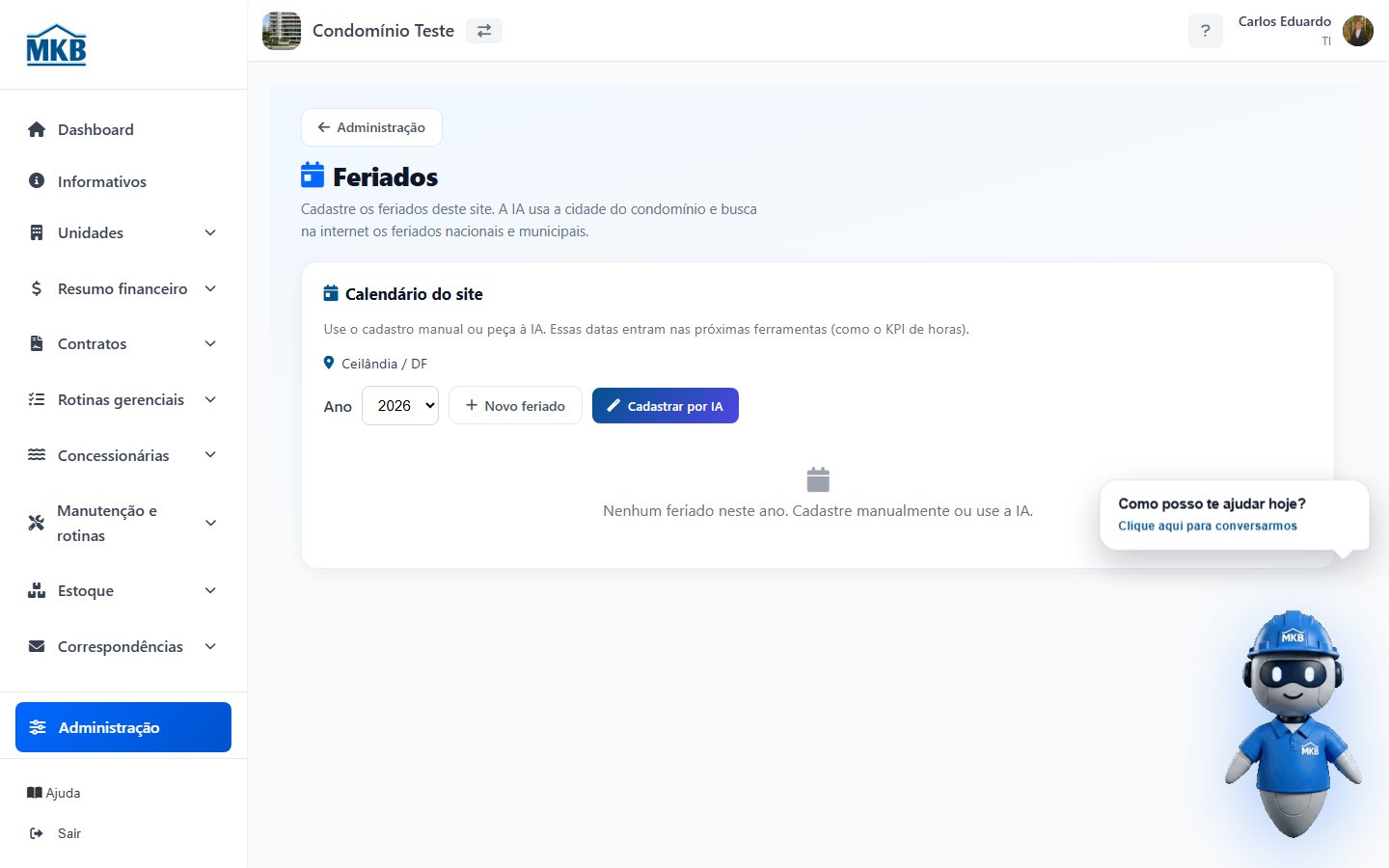 Tela Feriados com lista de datas nacionais e da cidade.