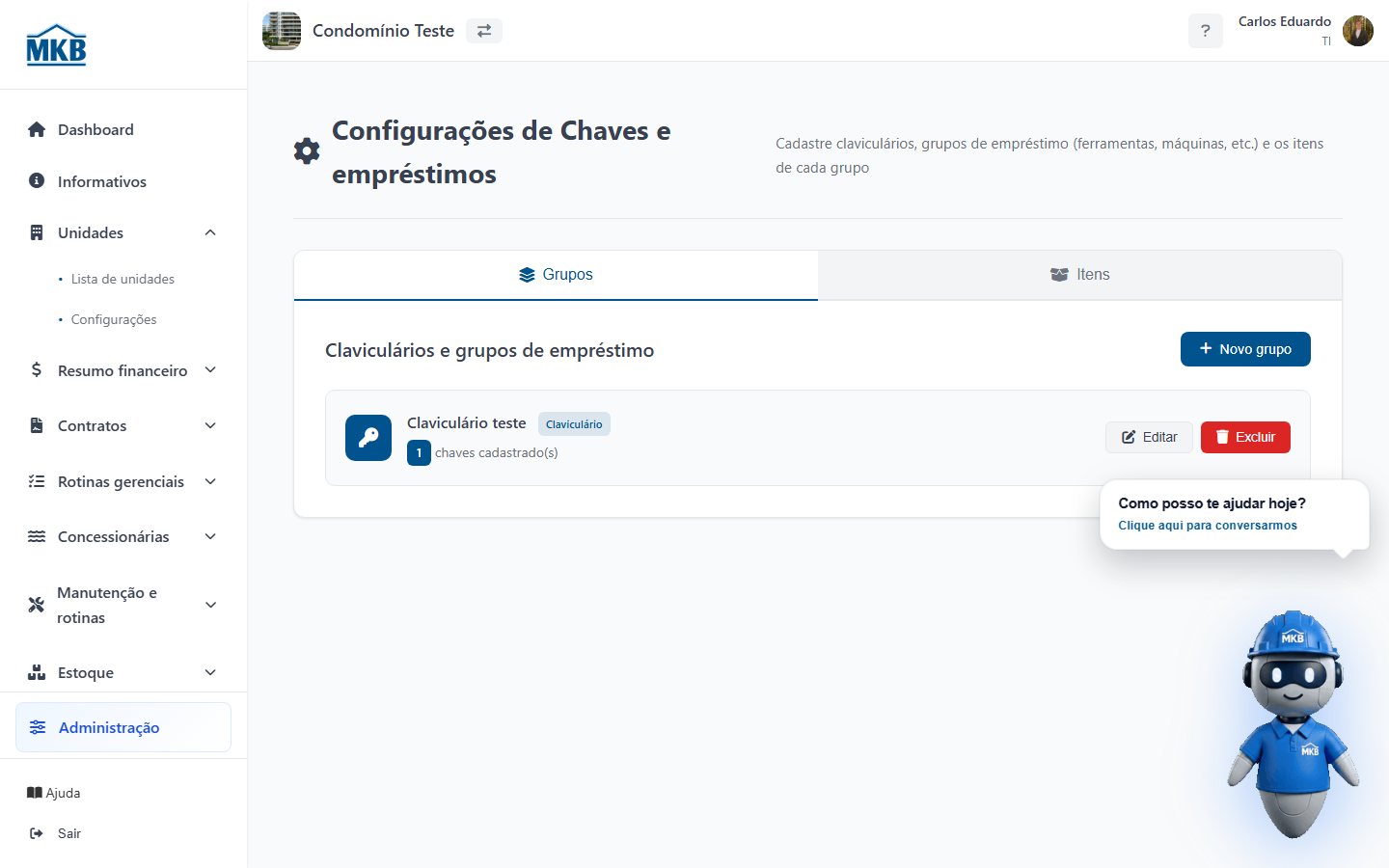 Configurações com grupos e itens (não só chaves).