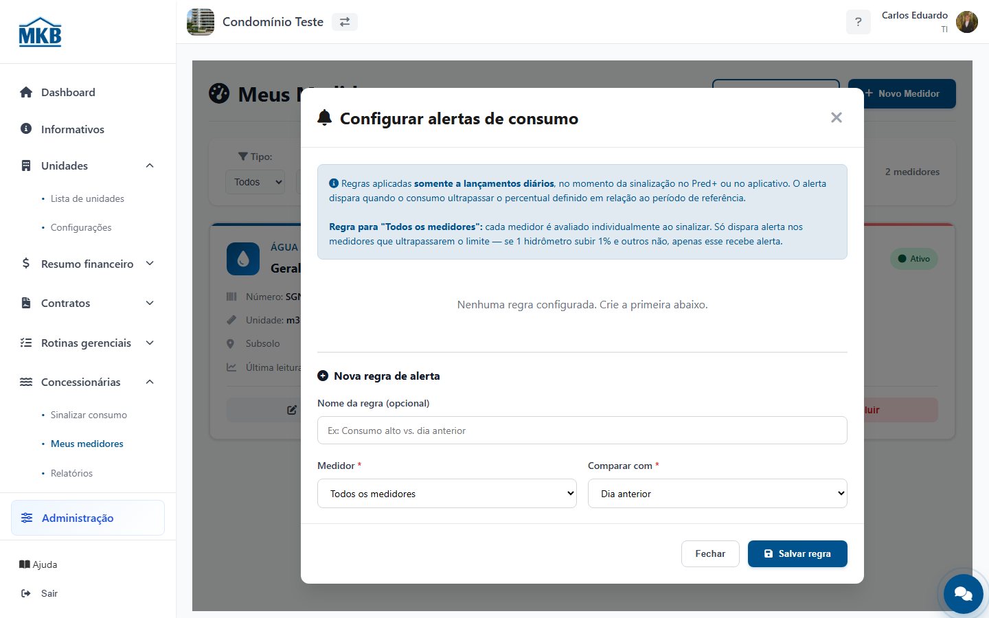 Configuração de alertas de concessionárias.