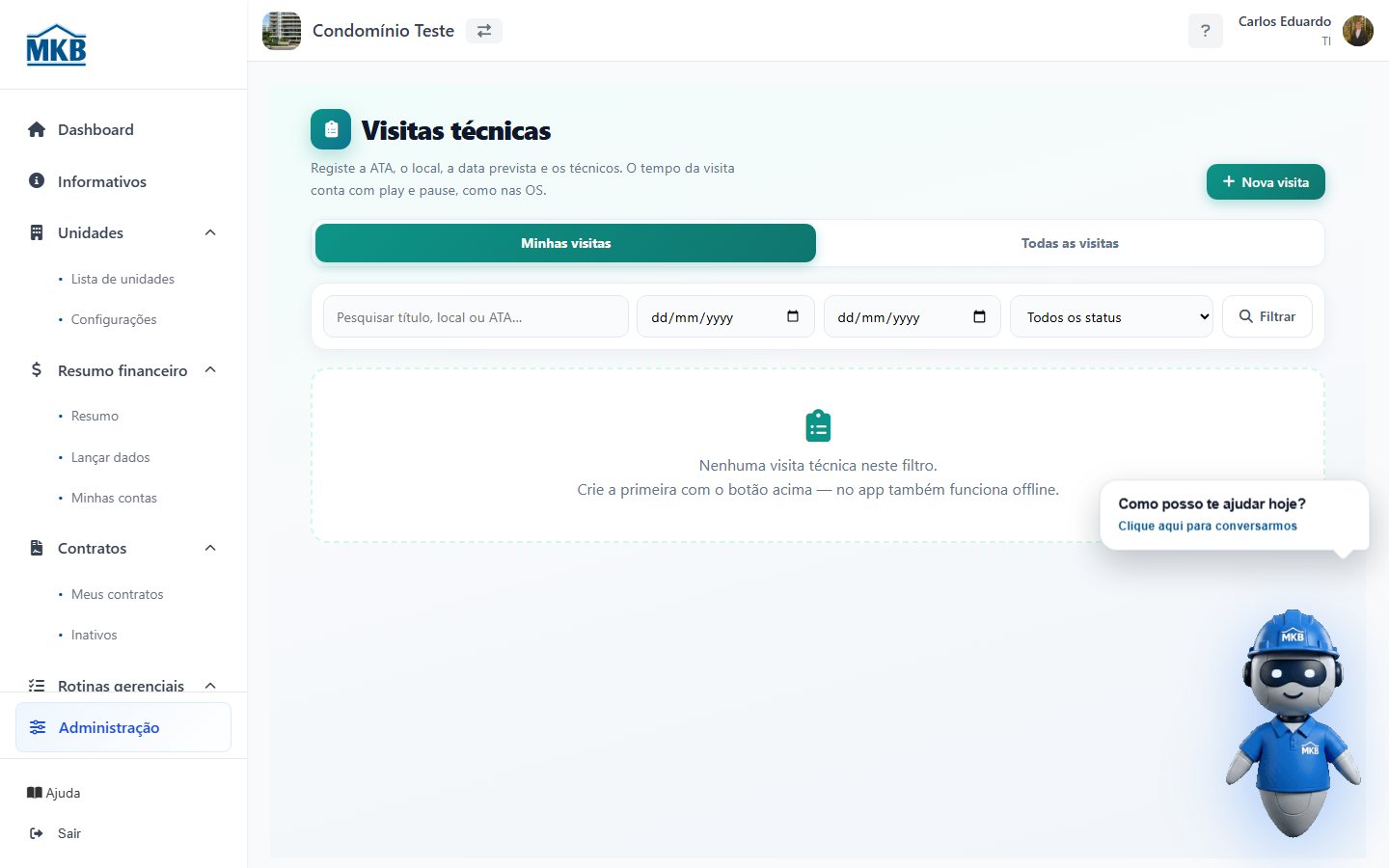 Gestão de visitas técnicas no computador.